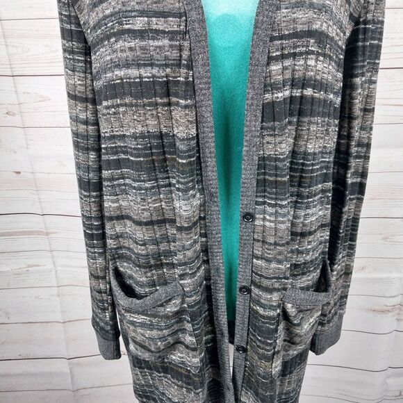 Miss Me Long Cardigan Womens M Pockets Button Up Long Sleeve Black Gray Expands - Picture 3 of 12